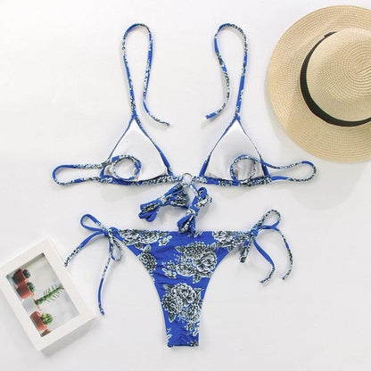 Vintage Print Bikini Female Handwork Small Ruffle Swimming Suit For Women Swimwear High Cut Bikini Set String Print Halter String Triangle Bikini Set Luxury Swimwear Two Piece Swimsuit