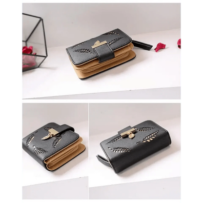 Vintage PU Leather Short Wallets Leaf Design Fashion Purse For Women Elegant Ladies Cute Zipper Purses Card Holders Women Wallet