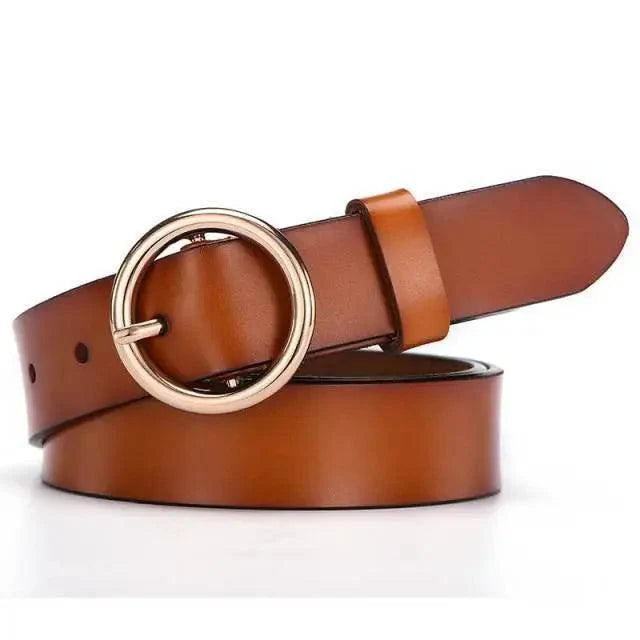 Vintage Simple Round Buckle Female Pin Leather Straps 105CM Belts For Women Unique Design Dresses Jeans Classic Round Waistband