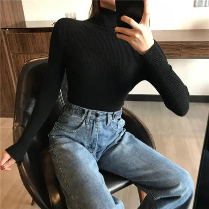 Vintage Style Autumn Winter Thick Sweater For Women Knitted Ribbed Pullover Sweater Long Sleeve Turtleneck Slim Jumper Soft Warm Pullover