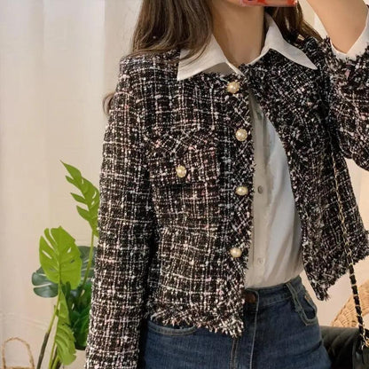 Vintage Style Autumn Winter Tweed Jackets For Women O-Neck Long Sleeve Loose Wool Coat Single Breasted Outwear For Girls