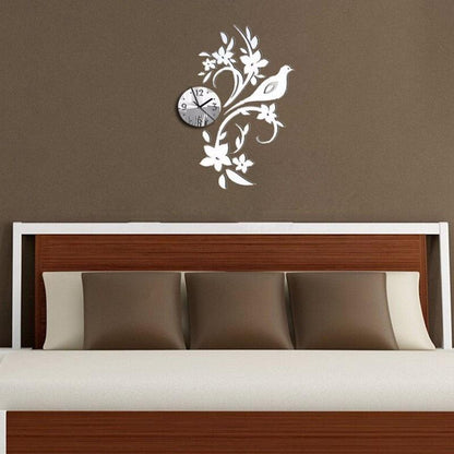 Wall Clock Modern Bird Design 3D Acrylic Mirror Living Room Quartz Needle 3D Clock Acrylic Mirror Wall Clock Decor Sticker Irregular Clock Wall Art Decals Wallpaper Home Decor for Living Room Bedroom Decoration