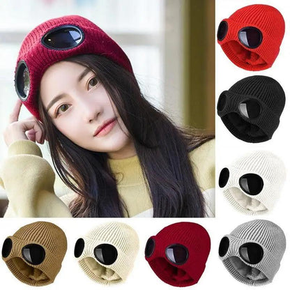 Warm Classic Unisex Wool Knitted Goggles Beanie Comfortable Winter Stylish Hat Outdoor Sports Cap For Men Women New Fashion Multi Function Caps
