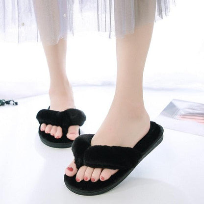 Warm Fluffy Slippers Women Cozy Faux Fur Cross Indoor Floor Slides Flat Soft Furry Flip Flops Fuzzy Slippers Cross Band Fluffy Slippers Faux Fur Slippers Plush House Open Toe Cozy Slippers For Women