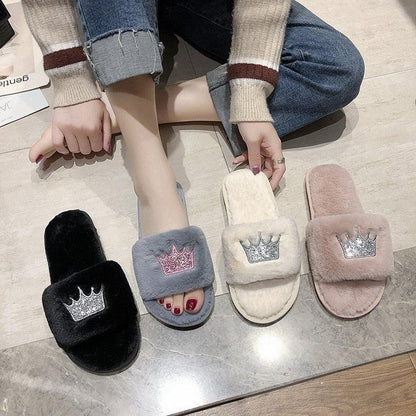 Warm Fluffy Slippers Women Faux Fur Slipper Indoor Floor Slides Flat Soft Furry House Warm Comfortable Fuzzy Furry Bedroom Slippers Indoor Cozy Memory Foam Anti-Slip Flip Flops