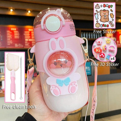 Water Bottle For Children 700ML Cute Stickers With Straw Temperature Kawaii Plastic Cup Portable Student School Bottle Girl Boy Water Bottles with Straw and Strap Cute Water Bottles Cartoon Animal Plastic Drinking Bottle Leakproof Water Bottle