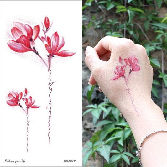 Waterproof Red Flowers Tattoo Multi-Colored Temporary Sticker Flower Lotus Tattoo Elegant Big Design For Womens