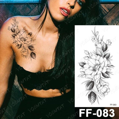 Waterproof Temporary Black Tattoo Sticker Peony Flower Snake Sketch Luxury Big Tattoo For Womens