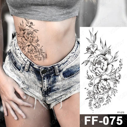 Waterproof Temporary Black Tattoo Sticker Peony Flower Snake Sketch Luxury Big Tattoo For Womens