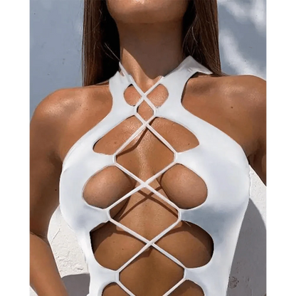 White One Piece Women Fashion Lace-up Plunge Swimsuit Sleeveless Solid Swimwear For Girls