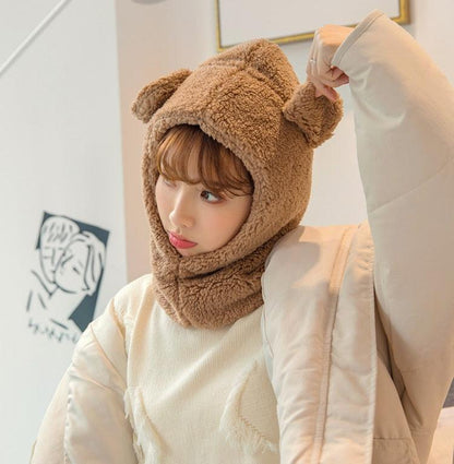 Winter Cute Bear Ears Warm Hat Windproof Neck Scarf Cap Student Women Plus Cashmere Cap Unisex Keep Warm Sports Beanies Knitted Headgear Face Hooded Cowl Neckerchief with Drawstring Soft Balaclava Pullover Knitted Beanie