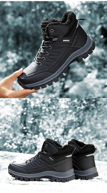 Winter Mens Boots Plush Warm Snow Boots Waterproof Outdoor Short Boots Leather Ankle Hiking Boots Mens Waterproof Outdoor Snow Boots Winter Cold Weather Shoes