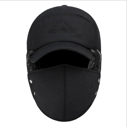 Winter Thermal Black Hat Fashion Ear Protection Face Windproof Adjustable Ski Cap Thicken Outdoor Hat