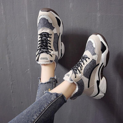 Winter Women's Sneakers Fashion Breathable Casual Running Winter Warm Anti-Slip Soft Sole Warm Fur Lined Winter Womens High Heels Sneakers