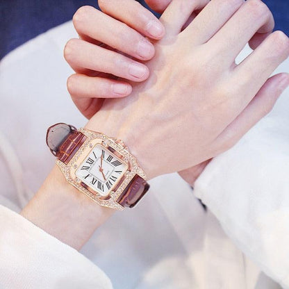 Women Diamond Watch Starry Square Dial Bracelet Watches Set Ladies Leather Band Quartz Wristwatch Minimalist Transparent Leather Watch For Girls Band Casual Analog Quartz Ladies Watch