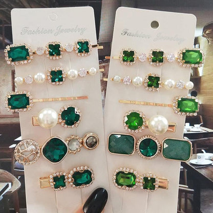 Women Hair Clips Set Jewelry Fashion Green Crystal Hair Accessories Luxury Simulation Pearl Barrette Pin For Girl Gift Ornaments Fashion Hairgrips Accessories For Party