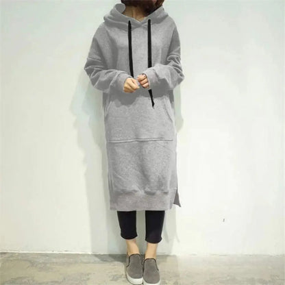 Women Loose Long Hoodie Casual Solid Color Hooded Sweatshirts Student's Autumn Winter Baggy Pullover Oversized Sweatshirt Dress