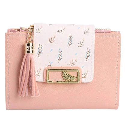 Women Pink PU Leather Short Wallet Trendy New Fashion  Vintage Mini Purses Cute Feather Design Wallets