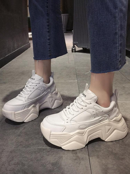 Women Platform Sneakers Leather Casual Ladies Chunky Shoes Woman High Black Fashion Thick Soled Sports Walking Shoes Lace Up Platform Leather Trainers Sneakers