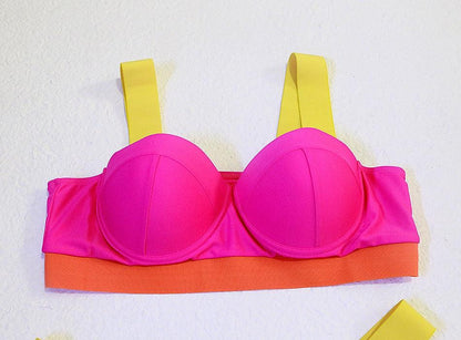 Women Push Up Bikini Women Neon Bandage Swimwear Women Patchwork Bikini Swimsuit 2 Piece  Cutout Molded Push Up Bathing Suit Ruffle Hook Closure Bikini Set Two Piece Bathing Suit