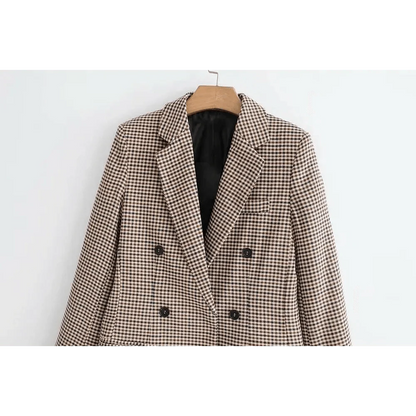 Women's Fashionable Office Wear Double Breasted Plaid Blazer Coat Vintage Long Sleeve Pockets Female Outerwear Chic Tops