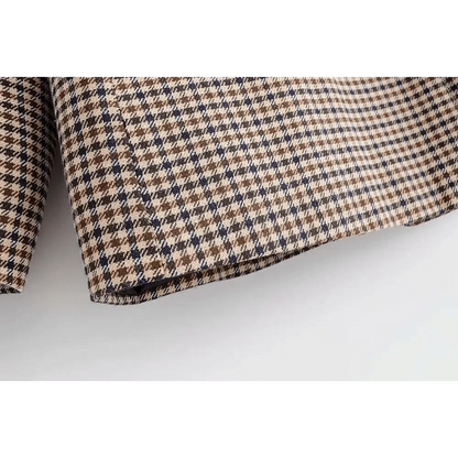 Women's Fashionable Office Wear Double Breasted Plaid Blazer Coat Vintage Long Sleeve Pockets Female Outerwear Chic Tops