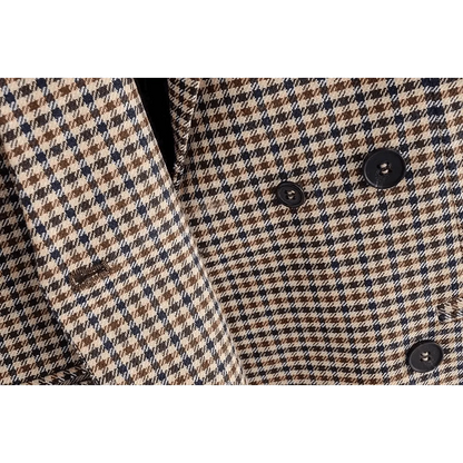 Women's Fashionable Office Wear Double Breasted Plaid Blazer Coat Vintage Long Sleeve Pockets Female Outerwear Chic Tops