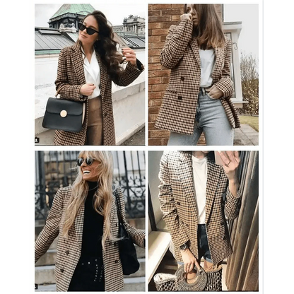 Women's Fashionable Office Wear Double Breasted Plaid Blazer Coat Vintage Long Sleeve Pockets Female Outerwear Chic Tops