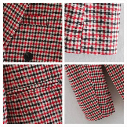 Women's Fashionable Office Wear Double Breasted Plaid Blazer Coat Vintage Long Sleeve Pockets Female Outerwear Chic Tops