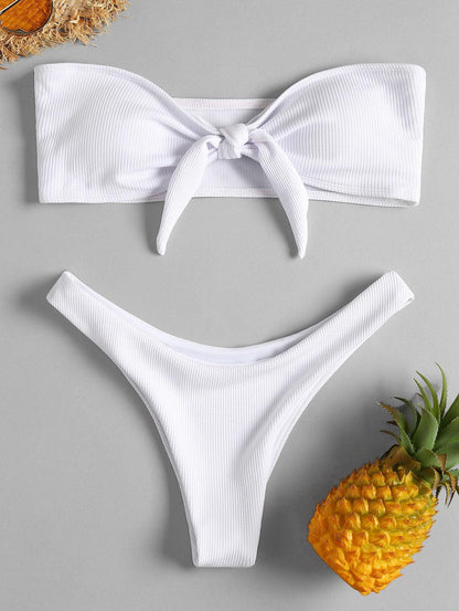 Women's Strapless Bowknot Split Bikini Swimsuit Swimming Suit For Women Women's Tie Knot Front Solid Color Bikini Set Swimsuit Bathing Suits High Cut Bikini Set Strapless Solid Color 2 Pieces Bathing Suit