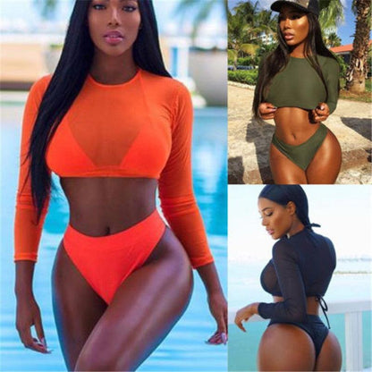 Women's Swimsuit Bikini Set Women's High Waist Swimwear Long Sleeve 3PCS Swimsuit Triangle Three-Piece Suit Bandage Push-Up Swimsuit Bathing Beachwear Swimwear