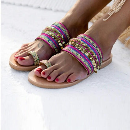 Women Sandals Flip-Flops Handmade Style Flip Flop Sandals Streetwear Fashion Shoes Women Flat Clip Toe Casual Floral Beach Flip Flop Comfy Shoes Summer Elegant Toe Ring Sandals
