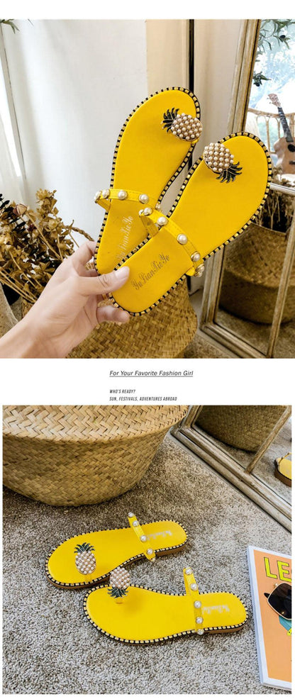 Women Sandals Slippers Flat Flip Flops String Bead Summer Fashion Woman Slides Elegant Pineapple Slides Flat Sandals Strappy Slides Sandals Open Toe Summer Beach Outdoor Shoes