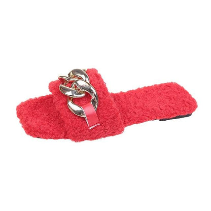 Women Summer Slipper Square Toe Chain Slippers Slip On Flat Slide Sandals Beach Flip Flops Casual Shoes Woman Heel Shoes Open Toe Slip On Dress Backless Heels Slides Slippers