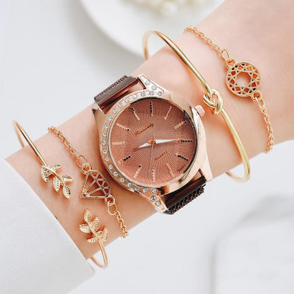 Women Watches New Luxury Fashion Quartz Ladies Watch Clock Rose Gold Diamond Dial Dress Casual Wristwatch Quartz Movement Girls Ladies Wristwatch Big Face Mesh Belt Watch And Bracelet Set
