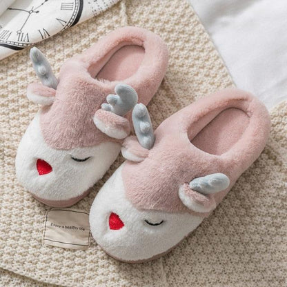 Women Winter Home Slippers Deer Elk Non-Slip Soft Warm House Shoes Men Indoor Bedroom Elk Slippers Warm Animal Slippers Winter Fleece Plush Home Slippers With Non-Skid Rubber Sole