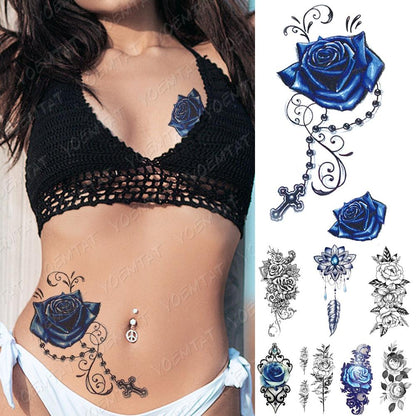 Womens Waterproof Temporary Tattoo Sticker Blue Flower Luxury Big Tatoo For Body Arm